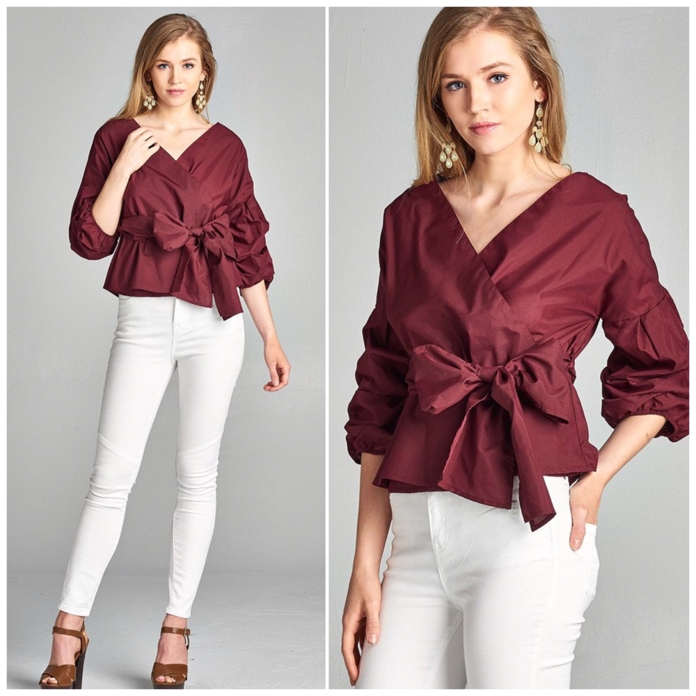 ❗️CLOSING SALE❗️ Burgundy V Neck Waist Tie Top